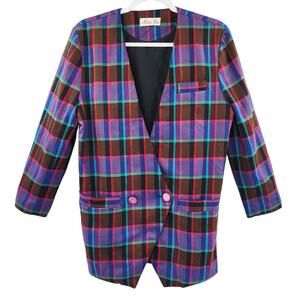 Vintage Miaw Jia Plaid Blazer Multicolored Plunging V-Neck Double-Breasted Sz L